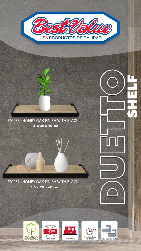 DUETTO SHELF HONEY OAK & BLACK 8" x 16"