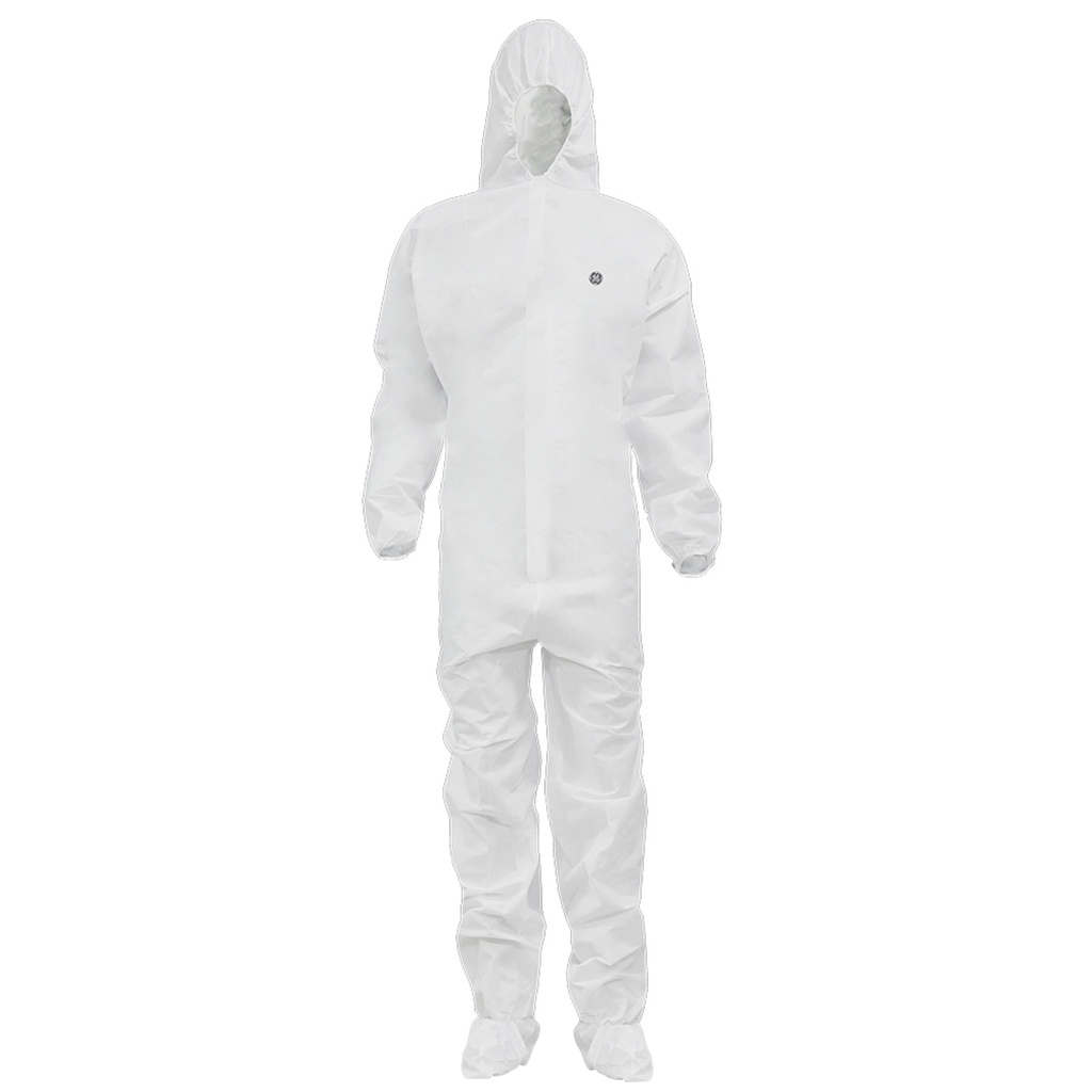 GE MICROPOROUS-63GSM DISPOSABLE COVERALL W/HOOD & BOOTS LG.